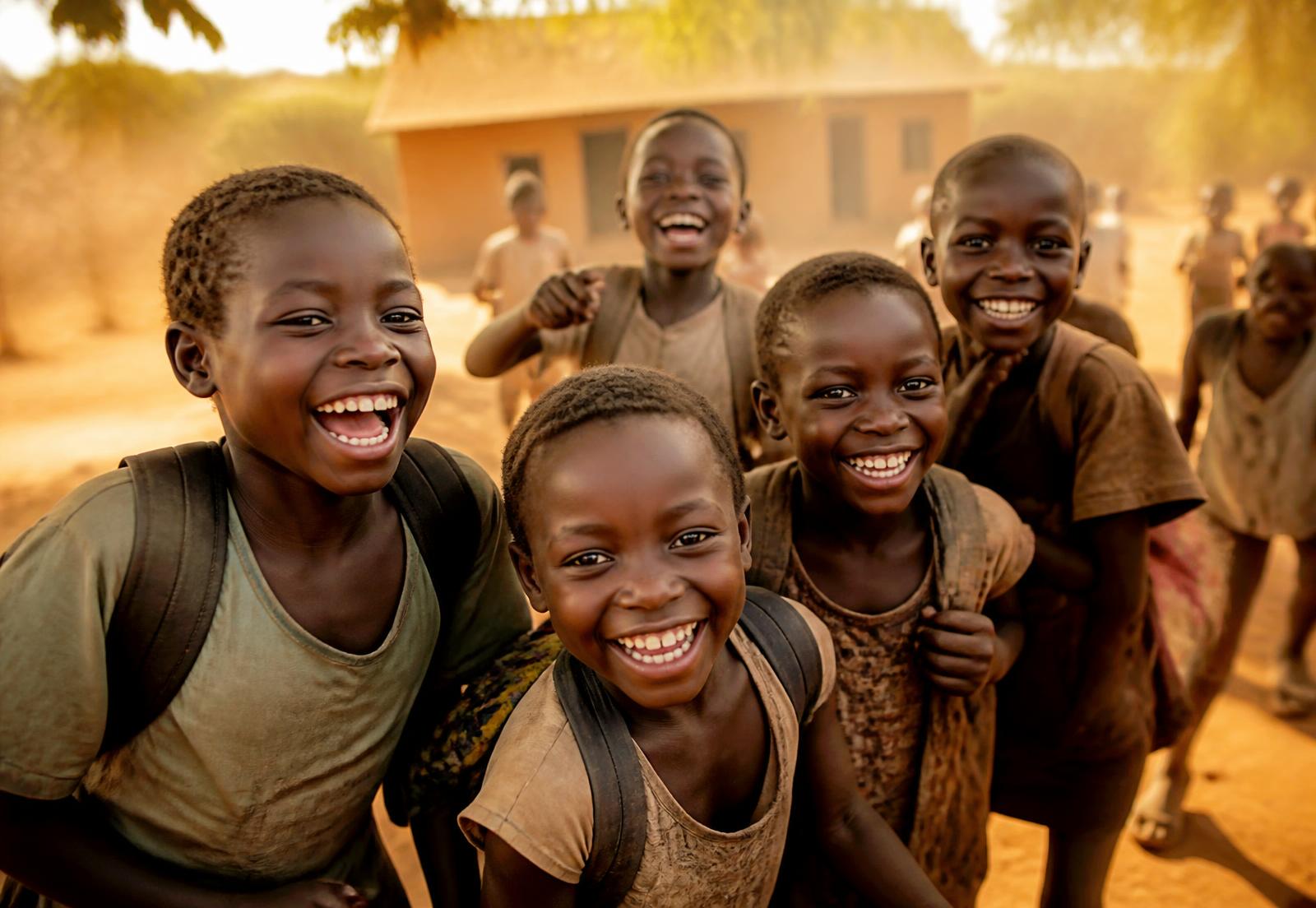 Children laughing together in a sunlit village schoolyard