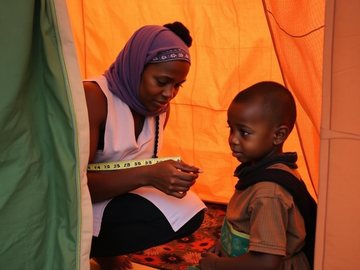 Health worker measuring a young child in a field clinic